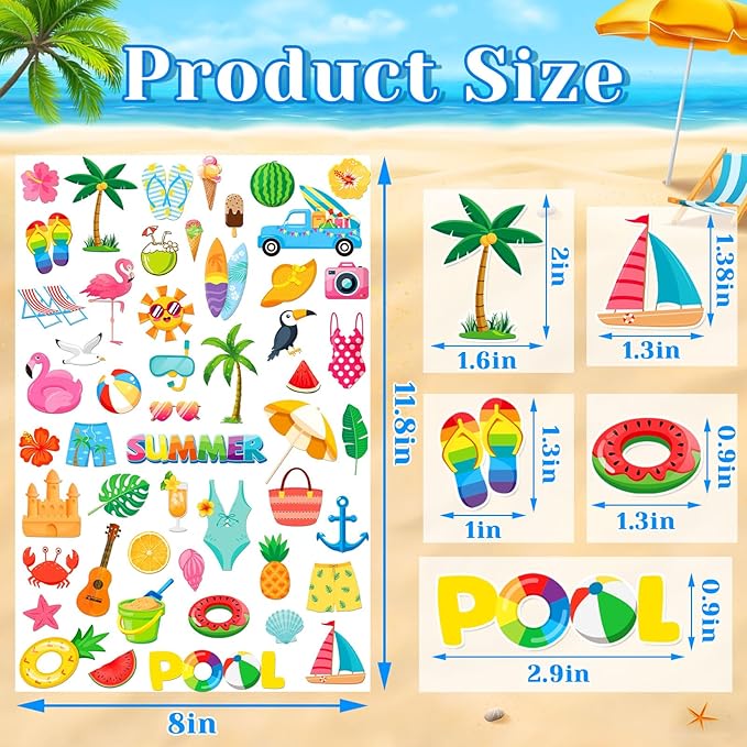 JULBEAR Summer Foam Stickers,300 Pcs Bulk Self-Adhesive Hawaiian Beach Stickers for Arts Crafts Beach Theme Summer Birthday Party Favors Decoration Home DIY Supplies
