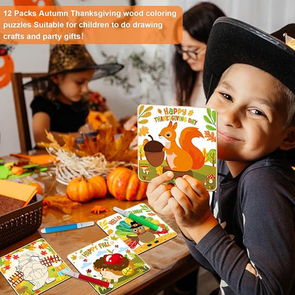 12 Pack Fall Thanksgiving Wooden Puzzles for Toddlers Autumn Puzzles Coloring Craft Kits for Kids Boys Girls Montessori Toys Harvest Party Favors Treat Bag Gifts Educational Learning Jigsaw Puzzle