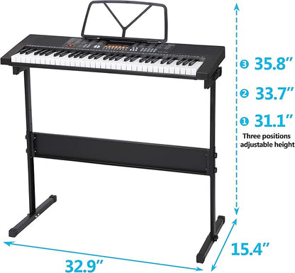 Saturnpower 61-Key Portable Electronic Keyboard Piano with Built In Speakers, Headphones, Microphone, Dual Power Supply, Piano Stand, Music Sheet Stand and Stool for Beginner (Kid & Adult) Black