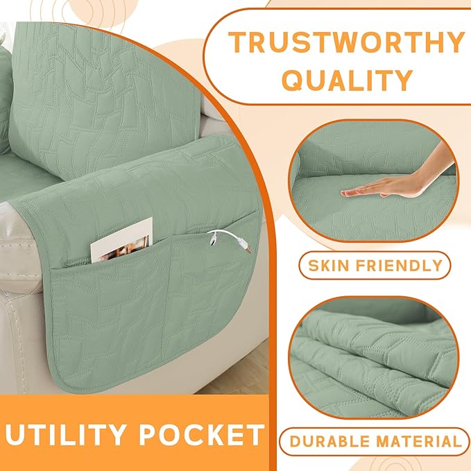 XINEAGE 100% Waterproof Recliner Chair Covers with Elastic Straps, Nonslip Reclining Couch Covers Washable Recliner Couch Cover with Pockets Furniture Protector for Pets Dogs (Mint Green, 23")