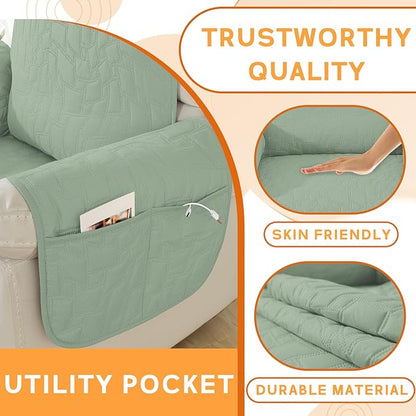 XINEAGE 100% Waterproof Recliner Chair Covers with Elastic Straps, Nonslip Reclining Couch Covers Washable Recliner Couch Cover with Pockets Furniture Protector for Pets Dogs (Mint Green, 23")