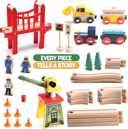 Play22 Wooden Train Set Toddler Toys - 38 Pieces Wood Train Track Set for Toddlers 3-4 Years with Crane, Bridge & Accessories