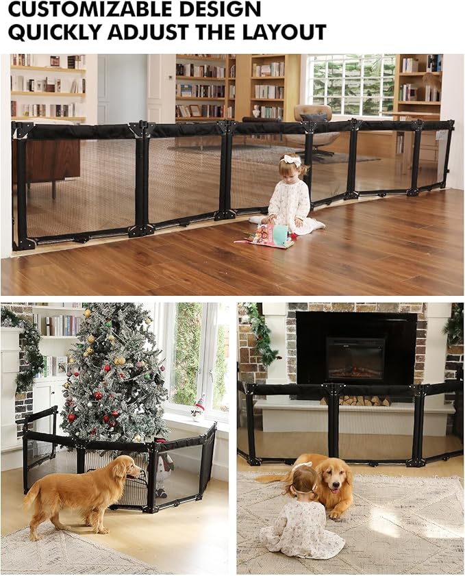 Extra Wide Baby Gate Playpen with Heat-Resistant Mesh,6 Panel Foldable Baby Fence,Indoor/Outdoor Safety Barrier,Dog Playpen & Fireplace Gate