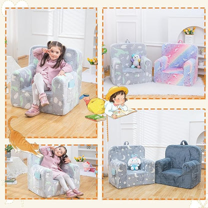 Snuggly-Soft Cuddly Toddler Plush Armchair for Boys and Girls Glowing Grey Fuzzy Plush Kids Sofa Couch Reading Chair with Children Friendly Handle for Easy Movement & Double Pockets for Storage