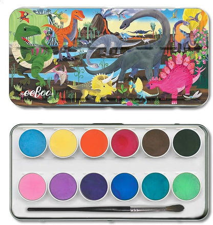 eeBoo: Dinosaur 12 Watercolors - Paint Set w Brush, Beautiful Design Tin Box, 12 Vibrant Colors, Kids Art Supplies, Ages 3+