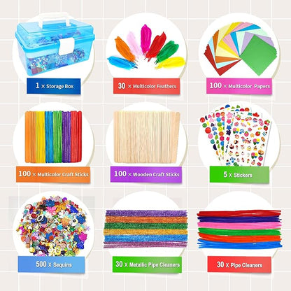 1000+ Pcs Art and Craft Supplies for Kids, Toddler DIY Craft Art Supply Set Included Pom Poms, Pipe Cleaners, Feather, Folding Storage Box - All in One for DIY Craft Set (Blue)
