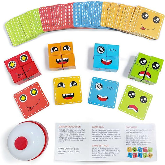 Face Changing Building Blocks Game, Wooden Expression of Face Change Magic Cube Educational Puzzles Toy Fidget Toys Cube Mini Board Game for Kids and Adults with 72 Cards (Medium)