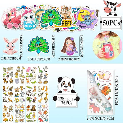 120Pcs Jungle Safari Party Favors Including Puzzle Stickers, Slap Bracelets, Animal Keychains, Temporary Tattoos, Animal Rings, Animal Stickers Safari Themed Birthday Party Supplies