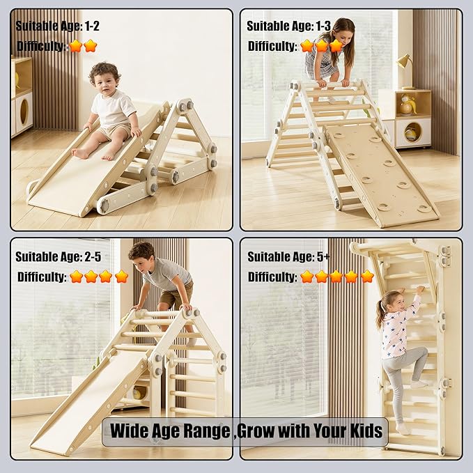 Montessori Climbing Set,Kids Pikler Triangle Set,Plastic Toddler Climbing Toys,Multifunction Foldable Indoor Kids Gym with Slide(Gray)