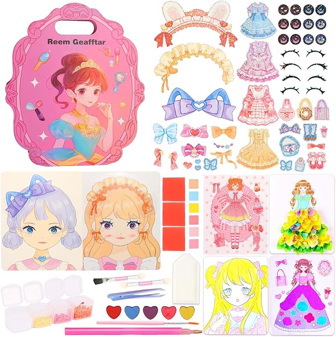 Princess Dress Up Game Set, 7 in 1 Activity Book for Kids, Foil Art & Diamond Painting, Art Craft Kit Gift for Kids Ages 4 5 6 7 8 9+ Year Old