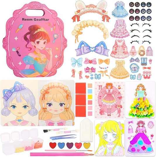 Princess Dress Up Game Set, 7 in 1 Activity Book for Kids, Foil Art & Diamond Painting, Art Craft Kit Gift for Kids Ages 4 5 6 7 8 9+ Year Old