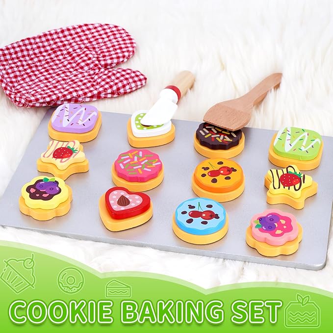 Slice and Bake Wooden Cookie Play Food Set for Kids Kitchen - Toy Food Accessories - Kids Pretend Cookies and Baking Sheet, Toy Baking Set for 3+ Year Old Boys Girls Birthday Gifts