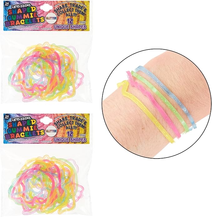 Expressions 48pc Shaped Gummie Bracelets - Bulk Pack Colorful Pastel Glitter Rubberband Bracelets, Kids Party Favors & Bracelet Kit