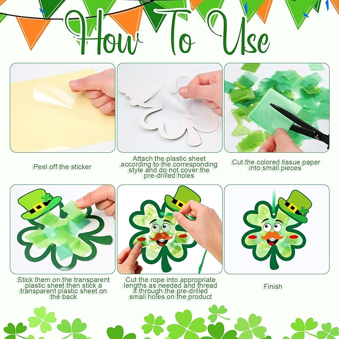 Tinlade 24 Pcs St. Patrick's Day Craft Kit Lucky Shamrock Suncatcher Craft Irish Day Window DIY Tissue Paper Suncatcher Decoration Ornament for Classroom St Patricks Party Favor Supplies