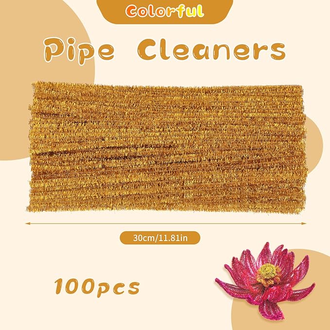 Pipe Cleaners Craft, 100Pcs Pipe Cleaners Supplies for Home DIY Handmade Arts, Glitter Pipe Cleaners for Festivals DIY Decorations/Glitter Gold