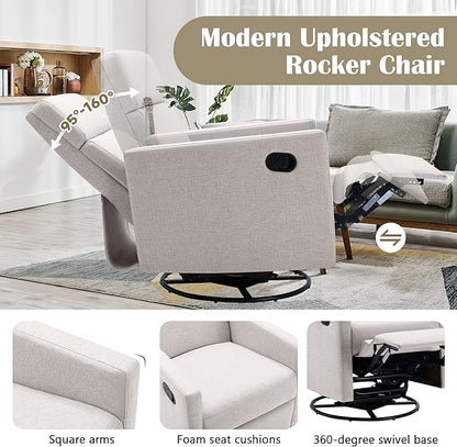 Merax Modern Modern Soft Linen Swivel Push Back Rocker Recliner w/Headsupport Adjustable Nursery Glider Chair for Living Room, Bedroom Tan