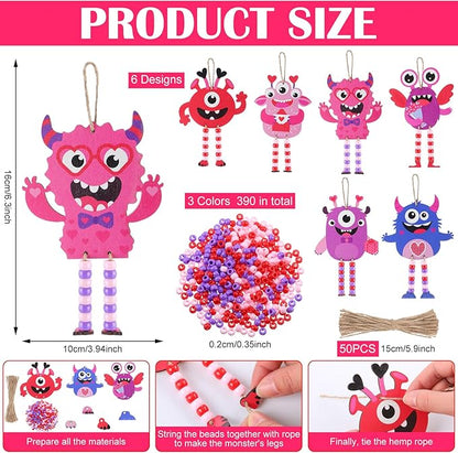 24 Sets Valentine's Day Crafts Monster Sign Crafts with Beads Make Your Own Monster Wood Ornament DIY Craft Art Kit for Holiday Party Favors Activities Decor Gift Exchange