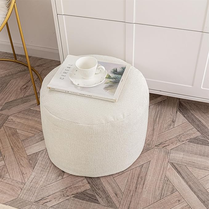 Sturdy Boucle Pouf Ottoman Foot Rest Nice Living Room Decor Lightweight Ottoman Pouf Filler Comfort Pouf Cover Modern Foam Stuffed Poof Perfect to Rest Your Feet No Need Assemble Ivory