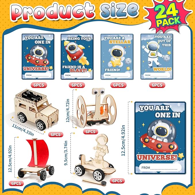 MOVINPE Valentines Day Gifts for Kids School Classroom - 24 Sets Stem Kits with Valentines Cards, Wood Craft Science Kit Valentine Exchange Gifts Space Theme Class Prizes Bulk for Boys Girls