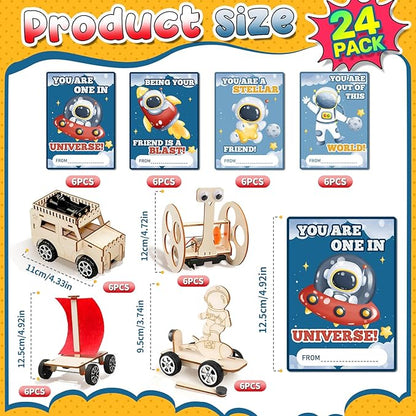 MOVINPE Valentines Day Gifts for Kids School Classroom - 24 Sets Stem Kits with Valentines Cards, Wood Craft Science Kit Valentine Exchange Gifts Space Theme Class Prizes Bulk for Boys Girls