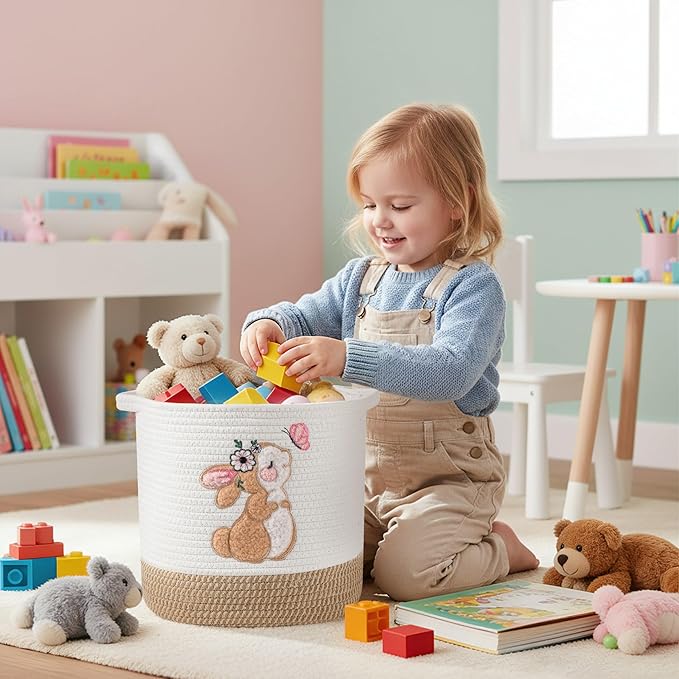 INough Toy Storage Baskets Woven Cotton Rope Storage Basket for Kids, Blanket Baskets for Living Room Stuffed Animal Storage Toys Organizer with Embroidery Decor, Cute Baskets for Nursery (Bunny)