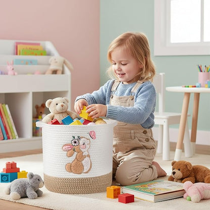 INough Toy Storage Baskets Woven Cotton Rope Storage Basket for Kids, Blanket Baskets for Living Room Stuffed Animal Storage Toys Organizer with Embroidery Decor, Cute Baskets for Nursery (Bunny)
