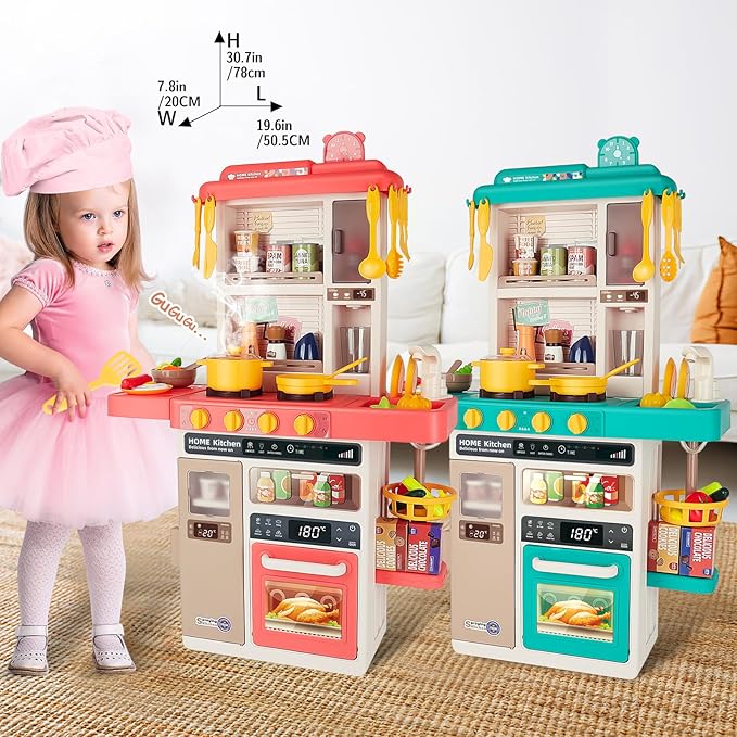 deAO Kids Kitchen Playset 50PCS Play Kitchen Toys Accessories with Sounds Lights, Cooking Stove Steam, Play Sink and Food, Pretend Kitchen Toy Gift for Toddler Aged 2 3 4 5 6 7 8 Years