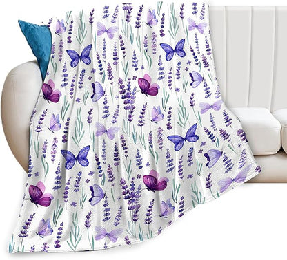 Purple Lavender Floral Flowers Butterfly Throw Blanket Gifts for Girls Boys Men Women Ultra Soft Warm All Season Decorative Fleece Blankets for Bed Chair Car Sofa Couch Bedroom 40"X50"