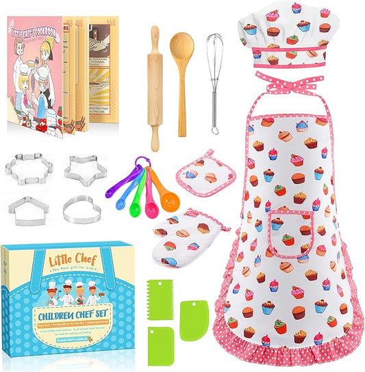 Toyze Birthday Gifts for 3-8 Year Old Girls Cute Stuff Apron for Girls Kids Cooking Sets Toddler Toys Kids Chef Hat and Apron Easter Christmas Stocking Stuffers White-with Cookbook
