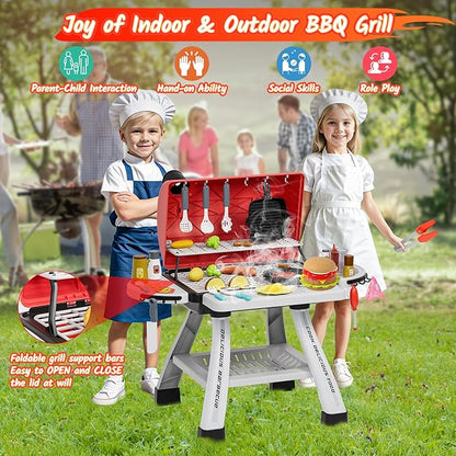 Kids Toys Kitchen Playset, Kids BBQ Grill Playset with Smoke, Sound & Light, Toy Grill for Kids, Pretend Play Food Hamburger, Interactive Toys Barbecue Cooking Game for Toddlers Boys Girls 3-5
