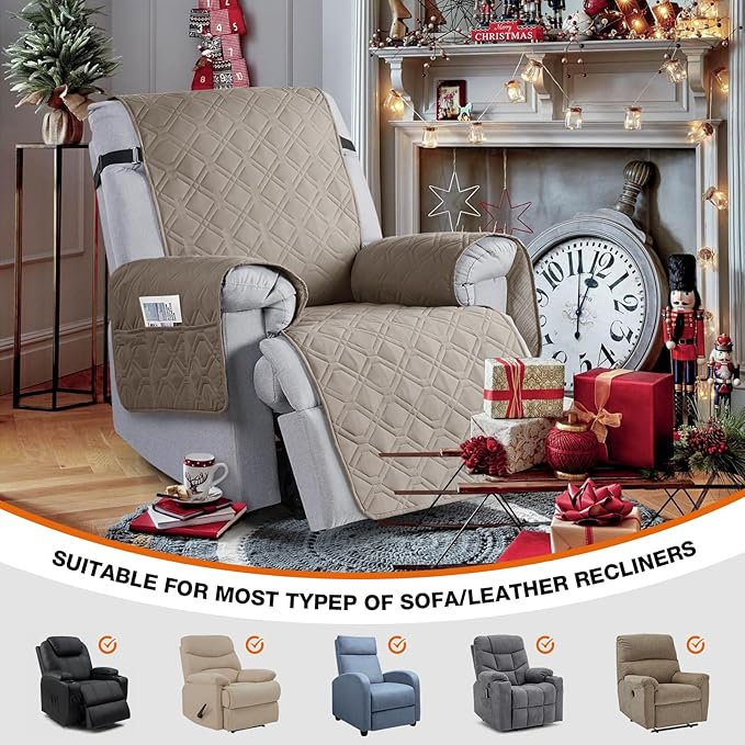 VANSOFY 100% Waterproof Recliner Chair Covers, Recliner Cover Non-Slip Dog Chair Cover Furniture Protector Washable Slipcover with Pocket, Elastic Straps for Pets, Dogs(Khaki, 23.6")