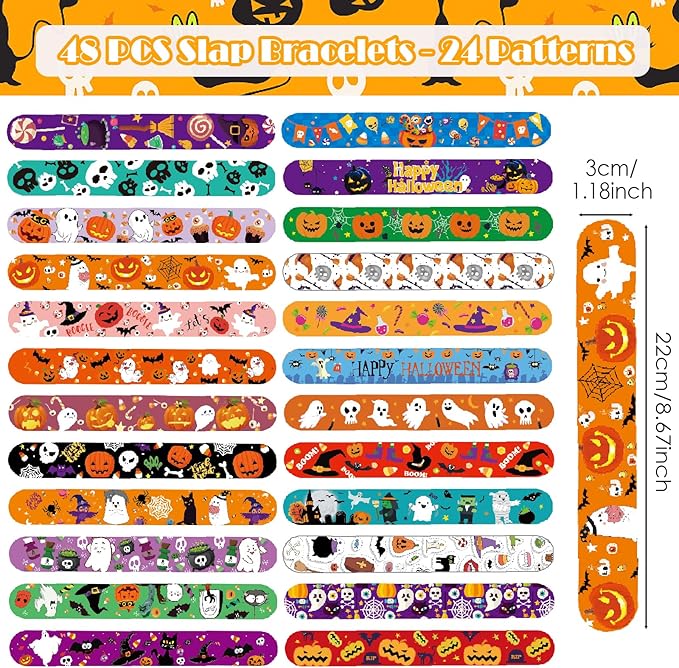 Viicoor 48 PCS Slap Bracelets Halloween Snap Bracelet Wrisrtband for Party Favors School Prizes Halloween Exchanging Gifts Goodies Bulk (15-Halloween-48PCS)