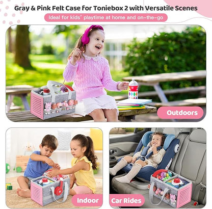 Carrying Case for Toniebox Starter Set and Tonies Figurines, Travel Felt Cloth Musical Toy Folding Bag for Toniebox 2 & Accessories (Pink)