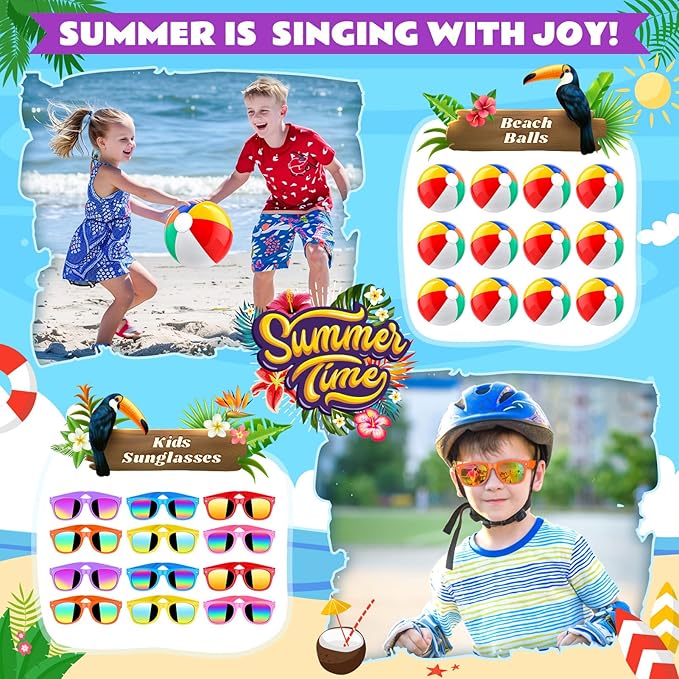 Joycover Pool Party Favors Beach Party Favors 122 PCS Hawaiian Pool Beach Party Decorations, Hawaiian Leis For Luau Party Decorations, Beach Balls, Kids Sunglasses, Pool Party Supplies, Summer Toys…