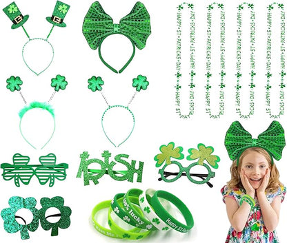 Atonofun 18 Pcs St. Patrick's Day Accessories for Kids, St. Patrick's Day Headbands, Lucky Bracelet, Shamrock Eyeglass and Clover Necklace for Irish Party Supplies Decorations