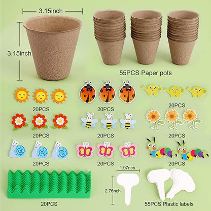 Ayfjovs Garden Paper Pot Craft Kit 55 Pack Flower Plant Spring Craft for Kids with 200 PCS Adhesive Foam Stickers and 55 PCS Plastic Plant Labels for Kids Garden, DIY and Early Education