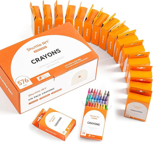 Shuttle Art Crayons Bulk Set - 24 Boxes of 24 Assorted Colors, 576 Count Durable & Non-Toxic Teacher-Quality Crayons, School Supplies bulk in Crayons For Family Class Party Favors