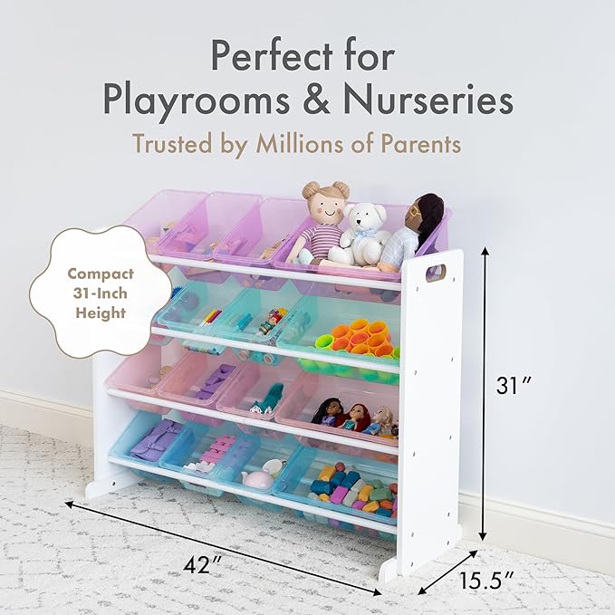 Humble Crew Toy Storage Organizer with 16 Removable Storage Bins for Kids Playroom, 4-Tier Toddler Toy Organization and Storage, White/Purple/Pink/Blue