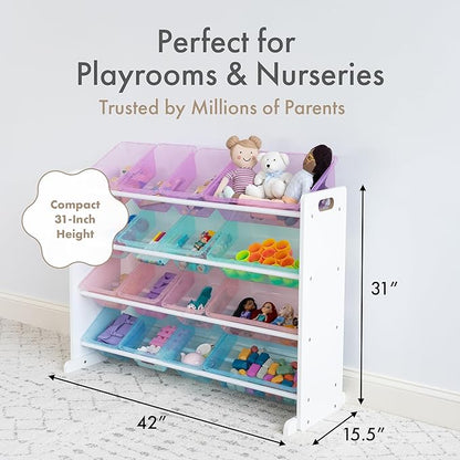 Humble Crew Toy Storage Organizer with 16 Removable Storage Bins for Kids Playroom, 4-Tier Toddler Toy Organization and Storage, White/Purple/Pink/Blue