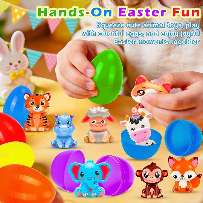 Easter Basket Stuffers,24 Pack Filled Easter Eggs with Animal Squishy Toys for Kids, Novelty Squeeze Toys, Cute Animal Stress Toys for Boys & Girls, Egg Hunt, Classroom Prizes & Party Favors
