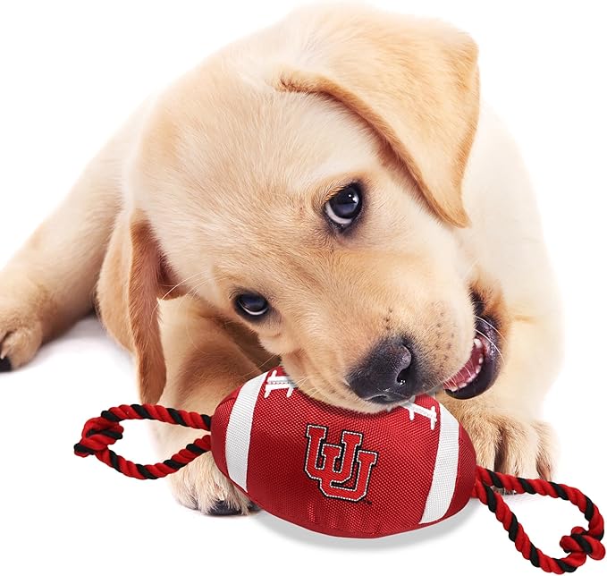 Pets First Utah Football Dog Toy, Tough Quality Nylon Materials, Strong Pull Ropes, Inner Squeaker, Collegiate Team Color