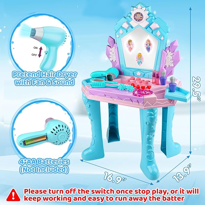 Toddler Frozen Vanity Table and Chair, Girls Magic Makeup Set with Mirror and Lights & Music, Kids Pretend Play Toys for 2 3 4 5 Year Old Girl Princess Dress Playset Birthday Gifts Ages 2-4 3-5