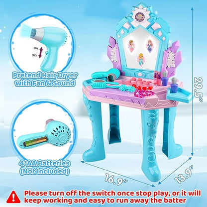 Toddler Frozen Vanity Table and Chair, Girls Magic Makeup Set with Mirror and Lights & Music, Kids Pretend Play Toys for 2 3 4 5 Year Old Girl Princess Dress Playset Birthday Gifts Ages 2-4 3-5