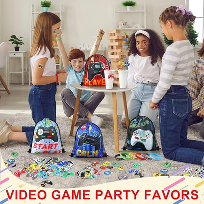 Sadnyy 140 Pcs Video Game Party Favors Birthday Party Decorations Supplies Drawstring Bags with Silicone Bracelets Keychains Straws Button Pins Stickers for Classroom Rewards Goodie Bags Stuffers