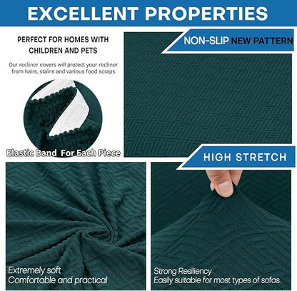 XINEAGE 4 Pieces Recliner Cover Stretch Jacquard Recliner Chair Covers Soft Recliner Slipcovers with Pocket for Kids and Pets, Washable Couch Cover (Recliner, Blackish Green)
