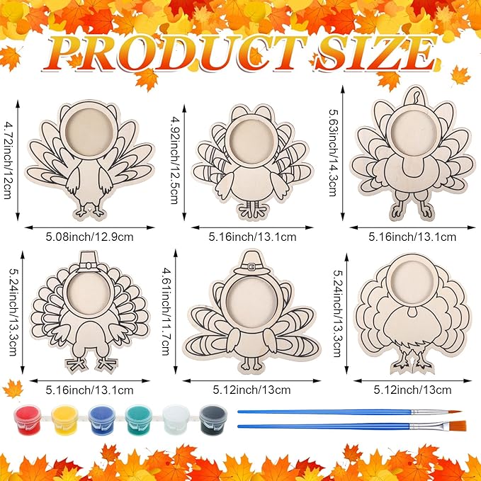 Jetec 12 Sets Thanksgiving Turkey Craft for Kids Color Your Own Thanksgiving Wooden Picture Frame Craft DIY Thanksgiving Turkey Wood Decorations Craft for Classroom Home Activities Party Favor Gifts