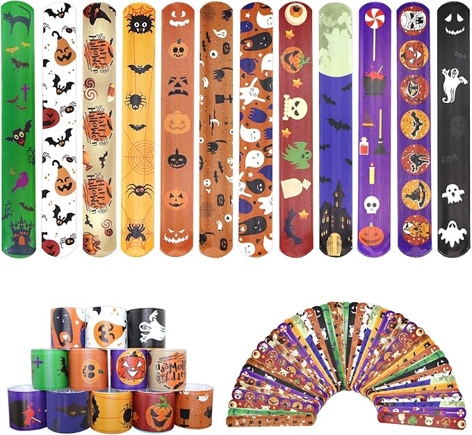 48 PCS Halloween Slap Bracelets for kids bulk, Halloween Snap Bracelets Toys Slap Bracelets Wristbands for Happy Halloween Party Favors