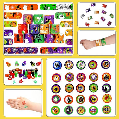 Garma Halloween Party Favors Toys for Kids, 25 Pcs Halloween Assorted Stamps with 12 Pcs Slap Bracelets and 288 Tattoos Halloween Goody Bag Fillers for Classroom Reward Prize Non Candy Party Supplies