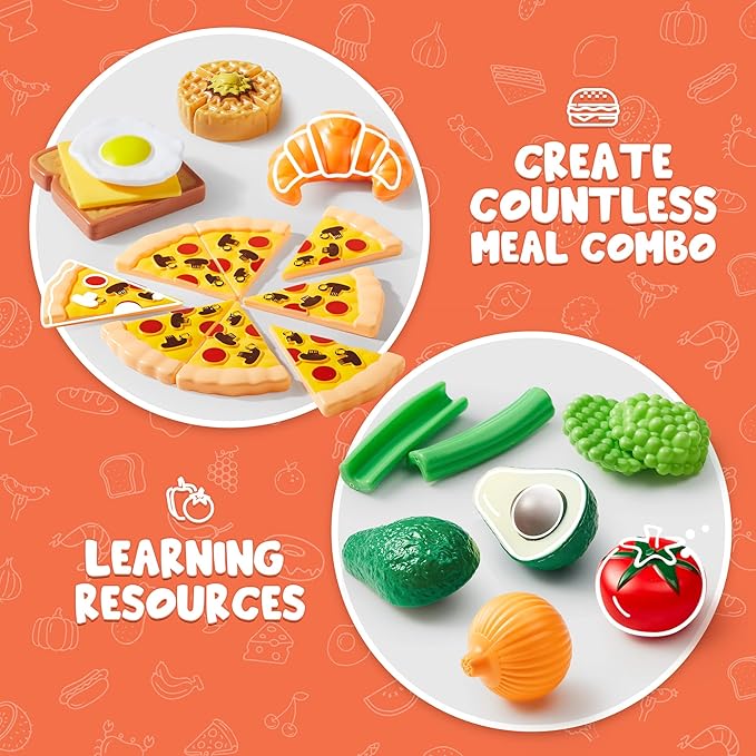 Play Food Set 135 Pieces Play Kitchen Set for Market Educational Pretend Play, Food Playset, Kids Toddlers Toys, Kitchen Accessories Fake Food, Party Favor Christmas Stocking Stuffers