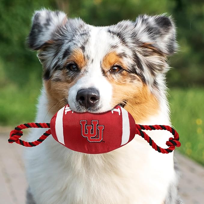 Pets First Utah Football Dog Toy, Tough Quality Nylon Materials, Strong Pull Ropes, Inner Squeaker, Collegiate Team Color